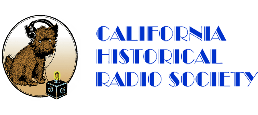 Logo of the California Historical Radio Society featuring a brown dog wearing headphones next to a small device with a glowing tube, and blue art deco-style text.