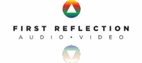 Logo With A Rainbow-Colored Circle And White Triangle Above The Words “First Reflection Audio • Video,” With A Reflection Of The Logo And Text Below.