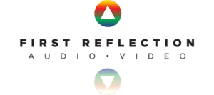 Logo With A Rainbow-Colored Circle And White Triangle Above The Words “First Reflection Audio • Video,” With A Reflection Of The Logo And Text Below.
