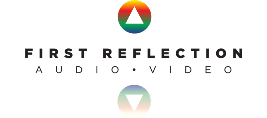 Logo with a rainbow-colored circle and white triangle above the words “First Reflection Audio • Video,” with a reflection of the logo and text below.