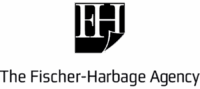 Black And White Logo With The Letters “Fh” Above The Text “The Fischer-Harbage Agency.” The Bottom Right Of The “H” Resembles A Turned Page.