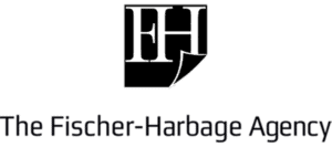 Black And White Logo With The Letters “Fh” Above The Text “The Fischer-Harbage Agency.” The Bottom Right Of The “H” Resembles A Turned Page.