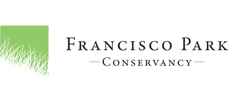 Logo with a green square featuring white grass blades on the left, and the text “Francisco Park Conservancy” in black serif font on the right.