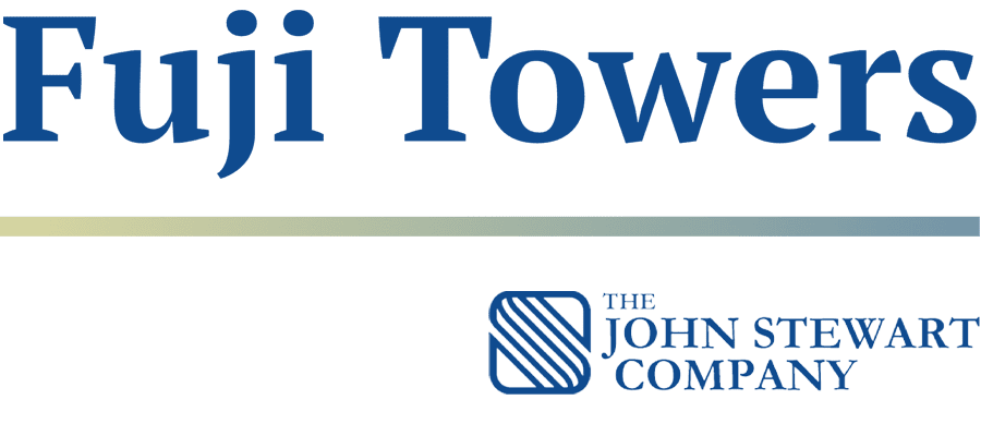 Fuji Towers“ in large blue text above The John Stewart Company logo, which includes a blue geometric design and company name on a white background.