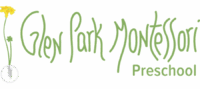 Logo For Glen Park Montessori Preschool In Green Handwritten Font, With A Yellow Flower Illustration On The Left Side.