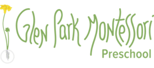 Logo For Glen Park Montessori Preschool In Green Handwritten Font, With A Yellow Flower Illustration On The Left Side.