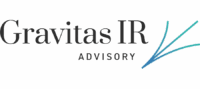 Gravitas Ir Advisory Logo With The Company Name In Black Text And Three Curved Blue-Green Lines On The Right Side.