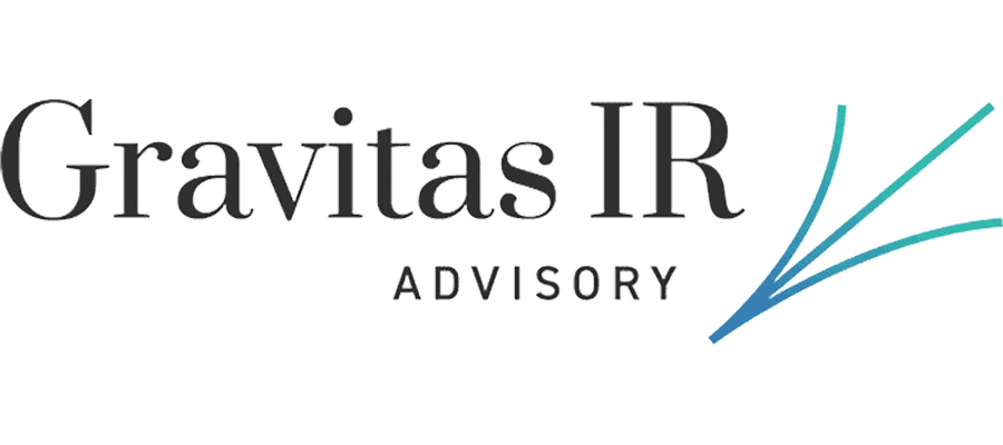 Gravitas IR Advisory logo with the company name in black text and three curved blue-green lines on the right side.