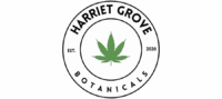 Circular Logo Reads “Harriet Grove Botanicals” With “Est. 2020” On Either Side Of A Green Cannabis Leaf In The Center. Simple Black Text And Lines On A White Background.