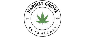 Circular Logo Reads “Harriet Grove Botanicals” With “Est. 2020” On Either Side Of A Green Cannabis Leaf In The Center. Simple Black Text And Lines On A White Background.
