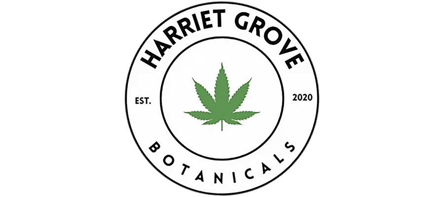Circular logo reads “Harriet Grove Botanicals” with “Est. 2020” on either side of a green cannabis leaf in the center. Simple black text and lines on a white background.