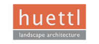 Logo With An Orange Background And The Word “Huettl” In White Lowercase Letters. Below, A Gray Rectangle Contains The Words “Landscape Architecture” In White.