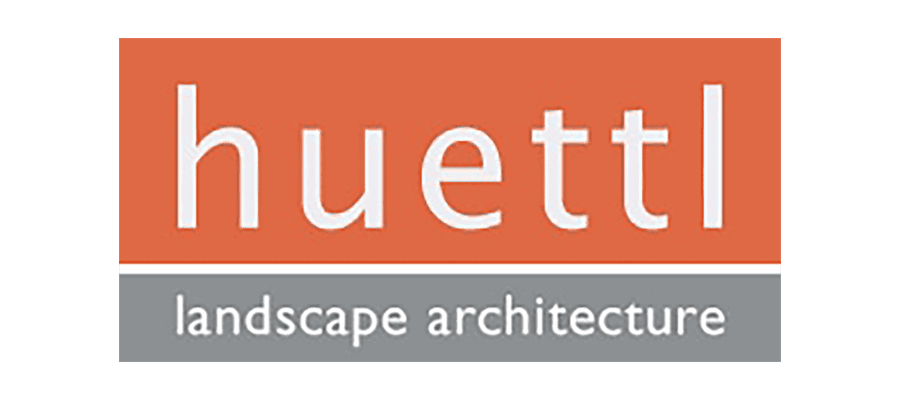 Logo with an orange background and the word “huettl” in white lowercase letters. Below, a gray rectangle contains the words “landscape architecture” in white.