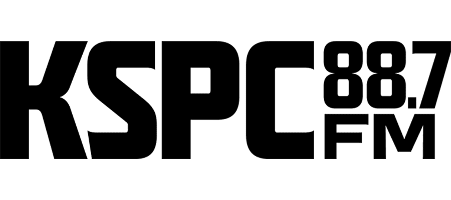 Black text logo reads “KSPC 88.7 FM” on a white background.