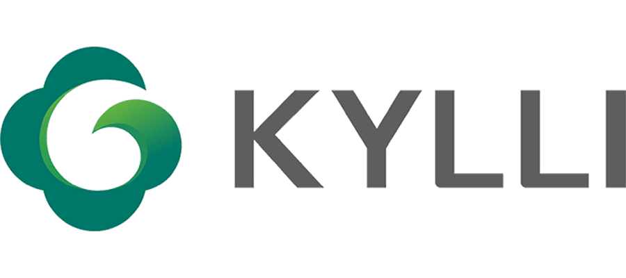 Green abstract logo with a swirl design next to the word “KYLLI” in bold, gray uppercase letters on a white background.