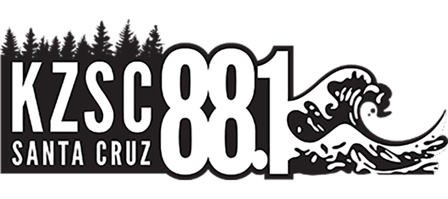 KZSC 88.1 Santa Cruz logo with trees above the letters and a large wave design to the right of the numbers.