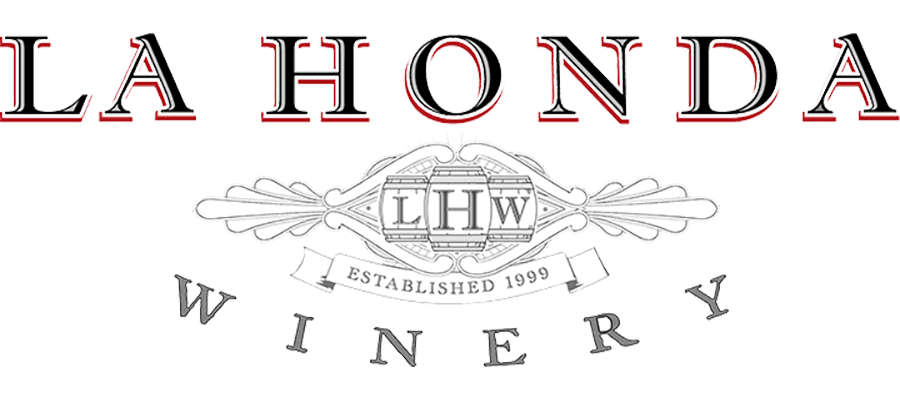 La Honda Winery logo with bold red and black text, a decorative emblem featuring “LHW,” and the words “Established 1999” and “WINERY” below.