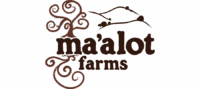 Logo For Ma’alot Farms Featuring Stylized Brown Tree And Hills, With “Ma’alot Farms” Written In Bold, Artistic Lettering. The Design Is Simple And Rustic, Suggesting Nature And Agriculture.