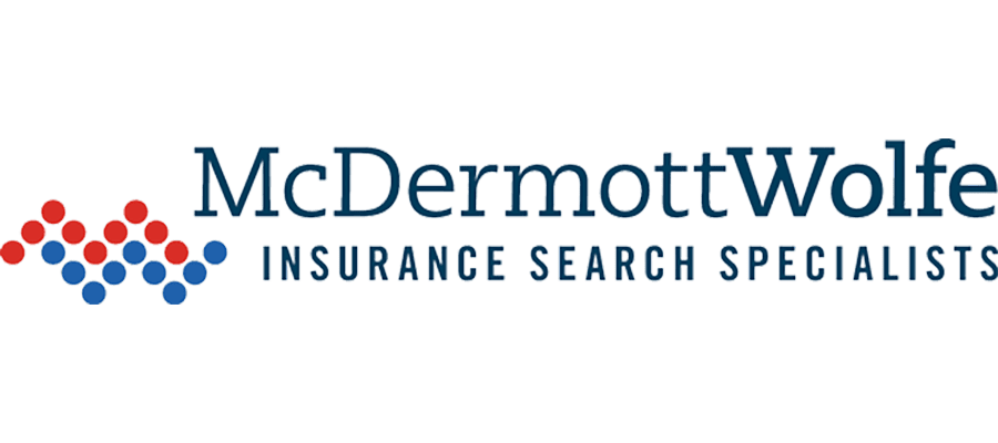 Logo for McDermott Wolfe, Insurance Search Specialists, featuring red and blue dots on the left and the company name in bold blue text on the right.