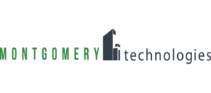 Montgomery Technologies Logo With “Montgomery” In Green, “Technologies” In Gray, And Two Abstract Building Shapes Between The Words, Representing The Letter “T”.