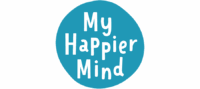 Blue Circle With White, Playful Text That Reads “My Happier Mind.”.