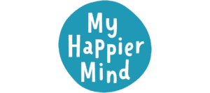 Blue Circle With White, Playful Text That Reads “My Happier Mind.”.