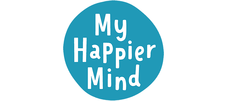 Blue circle with white, playful text that reads “My Happier Mind.”.