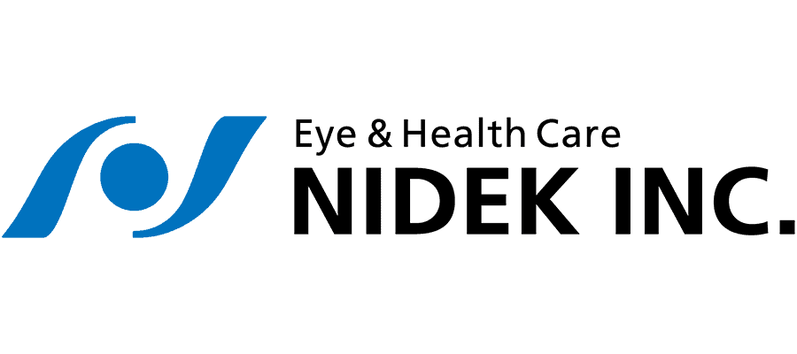 Logo with a blue abstract design on the left and the text “Eye & Health Care NIDEK INC.” in black on the right.