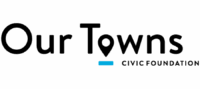 Logo For “Our Towns Civic Foundation.” The “T” In “Towns” Is Stylized As A Map Pin, And “Civic Foundation” Is Written In Smaller Text Beneath A Blue Underline.
