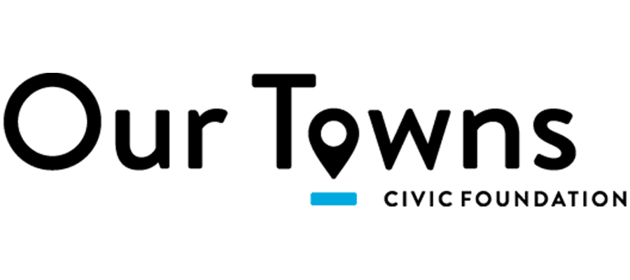 Logo for “Our Towns Civic Foundation.” The “T” in “Towns” is stylized as a map pin, and “Civic Foundation” is written in smaller text beneath a blue underline.