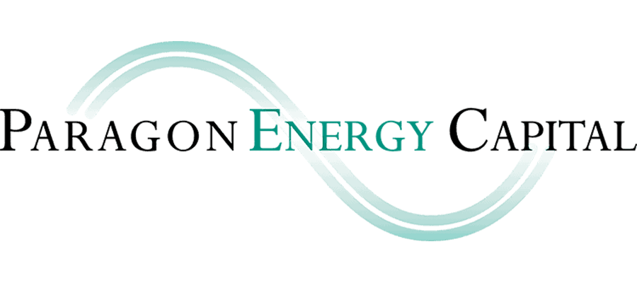 Logo for Paragon Energy Capital with black and teal text. A teal, looping wave graphic runs behind the words, starting at the left and curving under “Energy” in the center of the logo.