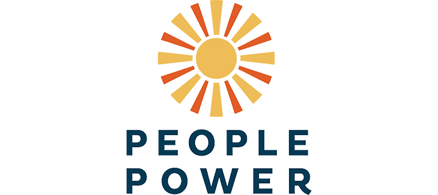 A stylized sunburst icon in orange and yellow is above the words “PEOPLE POWER” in bold, dark blue letters.