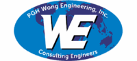 Logo For Pgh Wong Engineering, Inc. Featuring Large White “We” Letters Over A Blue Oval With A World Map Background And “Consulting Engineers” Text Below.