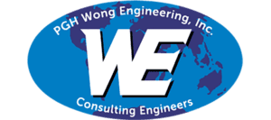 Logo For Pgh Wong Engineering, Inc. Featuring Large White “We” Letters Over A Blue Oval With A World Map Background And “Consulting Engineers” Text Below.