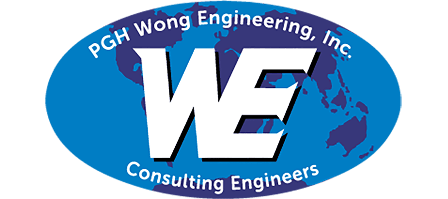 Logo for PGH Wong Engineering, Inc. featuring large white “WE” letters over a blue oval with a world map background and “Consulting Engineers” text below.