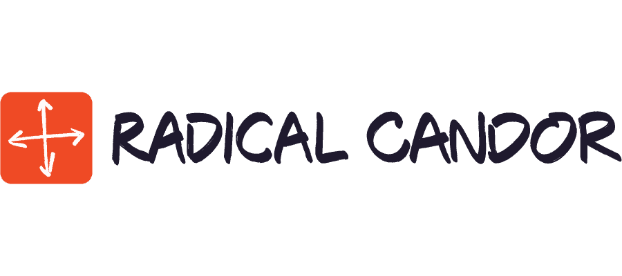 Orange square with a white four-way arrow next to the words “Radical Candor” in bold, black, hand-drawn style text on a light background.