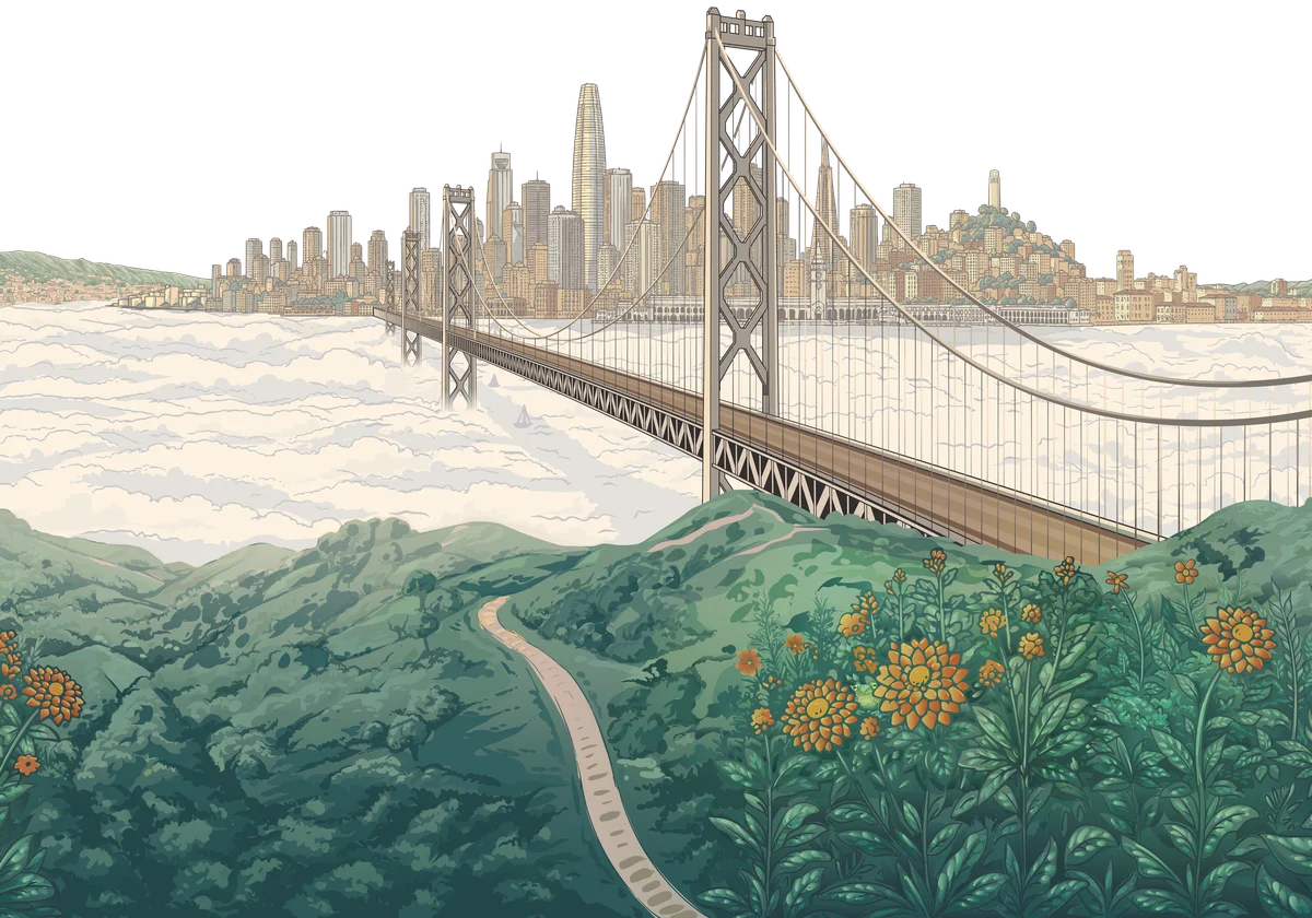 Illustration Of The San Francisco Skyline And Bay Bridge Above The Fog, With Green Hills And Sunflowers In The Foreground