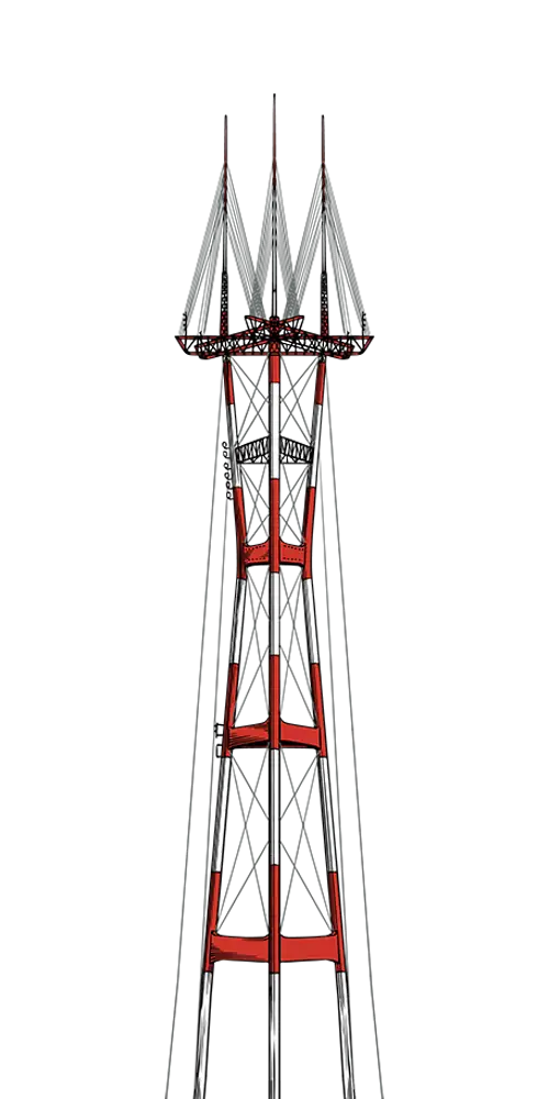 Tall Red And White Broadcast Tower With Three Pointed Tips And Supporting Cables, Viewed From Below Against A Plain White Background—An Iconic Structure Reminiscent Of San Francisco’s Innovative Spirit And Modern Website Design.