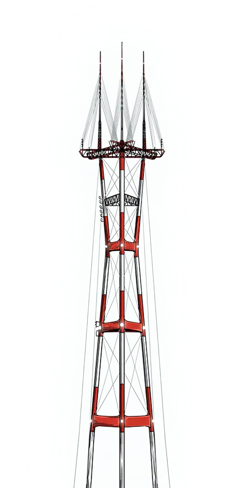 A Tall, Red And White Metal Transmission Tower With Multiple Cables Extending Outward Stands Against A Plain White Background, Reminiscent Of The Structured Lines Often Seen In Modern Web Design.