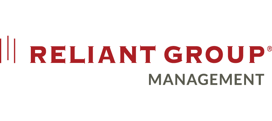 Reliant Group Management logo with “RELIANT GROUP” in bold red uppercase letters and “MANAGEMENT” in smaller gray uppercase letters below it on a light background. Three vertical red lines appear to the left.