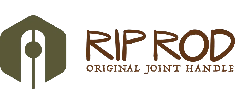 Logo with a green geometric design on the left and brown text on the right that reads “RIP ROD ORIGINAL JOINT HANDLE.”.