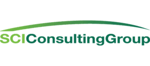 Sci Consulting Group Logo With Green Gradient Text And An Arched Green Line Above The Words.