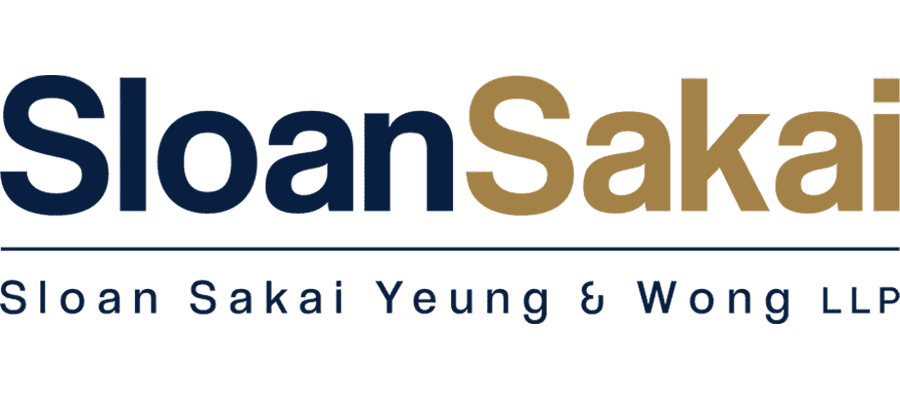 Logo for Sloan Sakai Yeung & Wong LLP. “Sloan” is in dark blue, “Sakai” in gold, and the full firm name is written below in blue on a light background.
