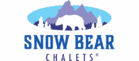 Logo Showing A White Bear Silhouette Walking In Front Of Snowy Trees And Purple Mountains, With “Snow Bear Chalets” Written Below In Blue Capital Letters.