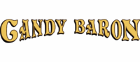 Text Logo Reading “Candy Baron” In Large, Bold, Old-Fashioned Yellow Letters With Black Outlines On A White Background.
