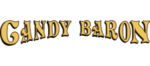 Text Logo Reading “Candy Baron” In Large, Bold, Old-Fashioned Yellow Letters With Black Outlines On A White Background.
