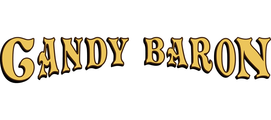 Text logo reading “CANDY BARON” in large, bold, old-fashioned yellow letters with black outlines on a white background.