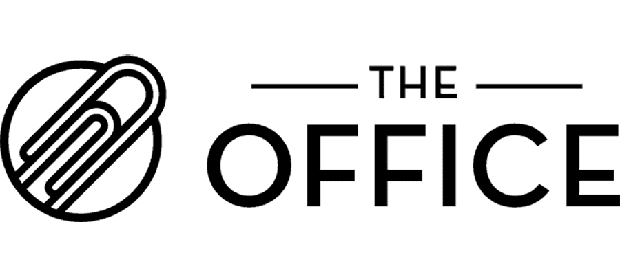 Black and white logo for “The Office” with a large paperclip inside a circle to the left and the text “THE OFFICE” in bold capital letters on the right.