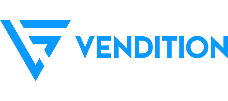 Blue geometric “V” logo followed by the word “VENDITION” in all capital letters on a light grey background.