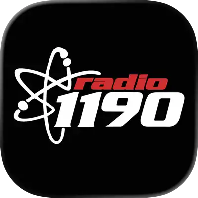 A Black Square Logo With An Abstract White Atom Design, The Word “Radio” In Red, And “1190” In Bold White Numbers.